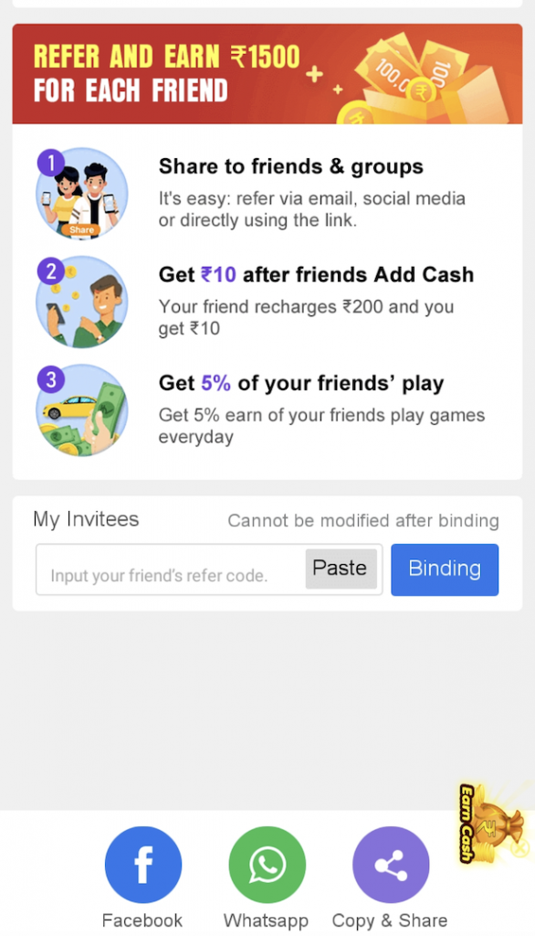 Refer & Earn Offer in Teen Patti Vungo Apk